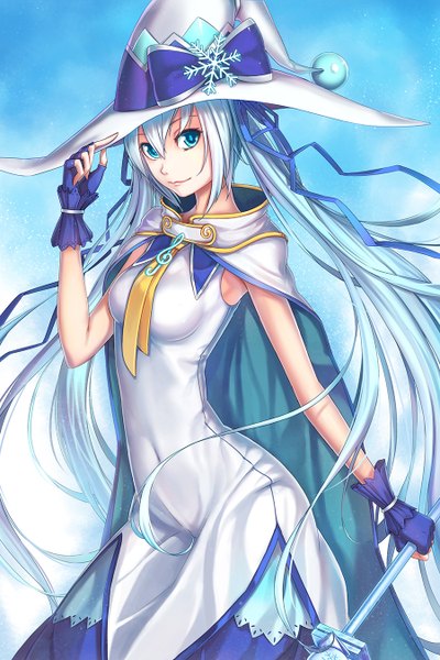 Anime picture 900x1350 with vocaloid suki! yuki! maji magic (vocaloid) hatsune miku yuki miku yuki miku (2014) nian (zhanian) single tall image looking at viewer blue eyes twintails blue hair very long hair witch girl dress gloves ribbon (ribbons) hair ribbon hat