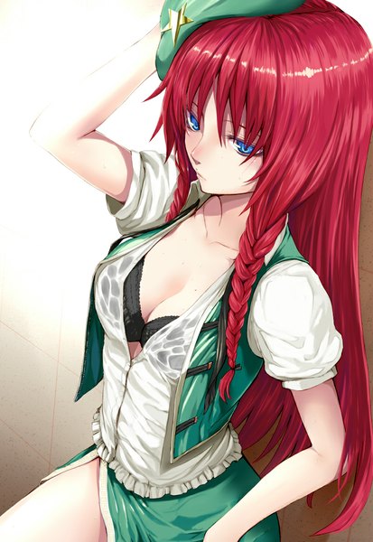 Anime picture 800x1160 with touhou hong meiling simon (n.s craft) single long hair tall image blush fringe breasts blue eyes light erotic holding red hair braid (braids) from above open clothes open shirt twin braids skirt underwear