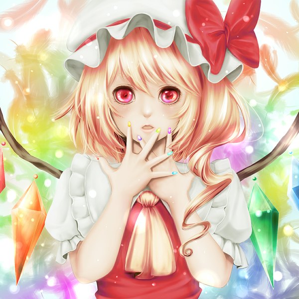 Anime picture 1120x1120 with touhou flandre scarlet untue single looking at viewer short hair open mouth blonde hair red eyes nail polish girl dress bow wings bonnet crystal