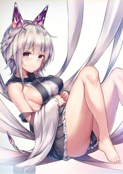 Anime picture 1003x1417 with original tama satou single tall image looking at viewer blush fringe short hair breasts light erotic simple background hair between eyes large breasts purple eyes payot silver hair bent knee (knees) tail braid (braids) pleated skirt