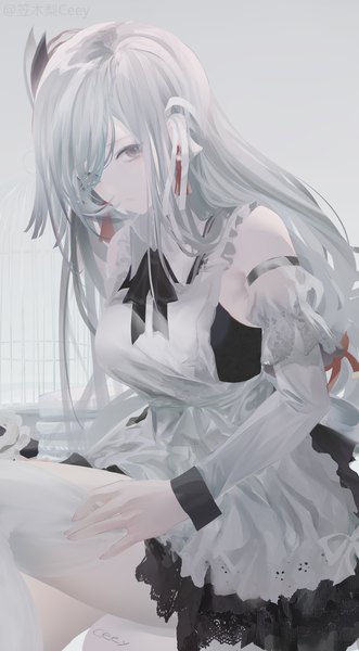 Anime-Bild 922x1673 mit genshin impact shenhe (genshin impact) nroy- single long hair tall image looking at viewer fringe breasts simple background white background sitting signed silver hair bent knee (knees) long sleeves head tilt hair over one eye maid grey eyes