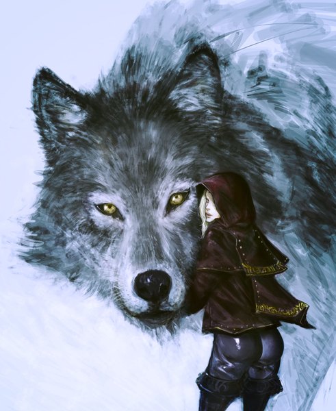 Anime picture 1229x1500 with original ikeda masateru tall image open mouth light erotic blonde hair green eyes yellow eyes ass lips from behind winter girl animal hood wolf