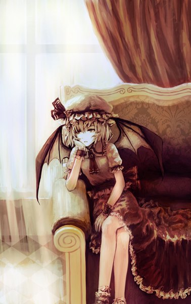Anime picture 1096x1738 with touhou remilia scarlet kirigo (artist) single tall image blonde hair sitting arm support crossed legs rhombus girl wings curtains wrist cuffs bonnet couch