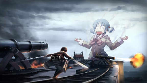 Anime picture 1280x720 with shingeki no kyojin nichijou kyoto animation production i.g naganohara mio abchipika short hair open mouth brown hair wide image twintails multiple girls blue hair cloud (clouds) short twintails spread arms smoke steam crossover giant
