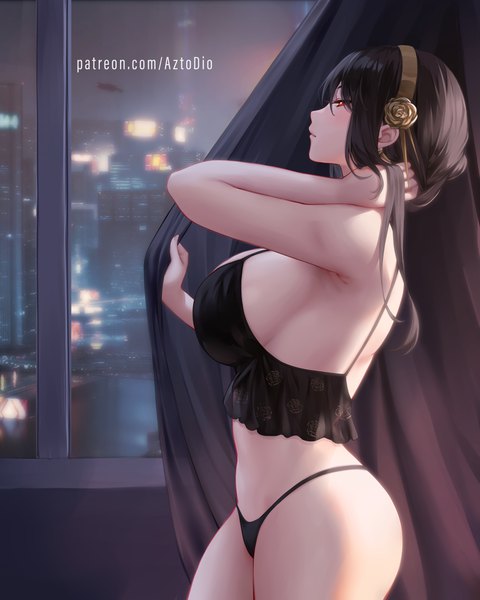 Anime-Bild 4000x5000 mit spy x family yor briar azto dio single long hair tall image fringe highres breasts light erotic black hair hair between eyes red eyes large breasts standing looking away absurdres indoors profile arm up