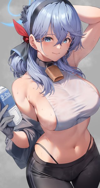 Anime-Bild 2400x4500 mit blue archive ako (blue archive) amagimei single long hair tall image looking at viewer fringe highres breasts blue eyes light erotic simple background hair between eyes large breasts standing blue hair arm up light smile grey background