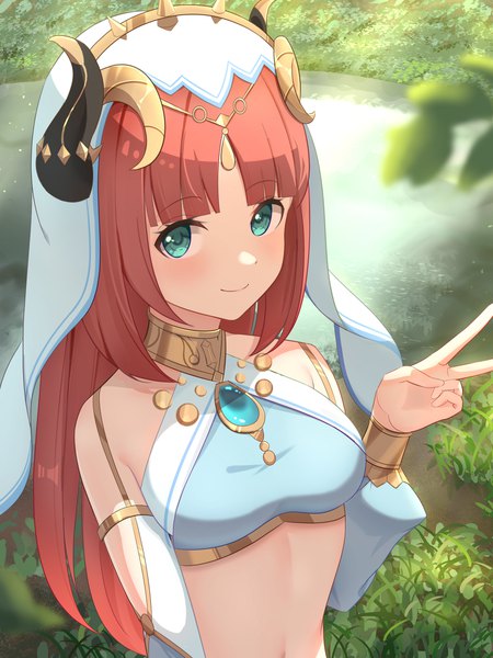 Anime picture 1920x2560 with genshin impact nilou (genshin impact) tokutokenzen single long hair tall image looking at viewer blush fringe highres smile bare shoulders upper body outdoors red hair blunt bangs long sleeves arm up horn (horns) aqua eyes
