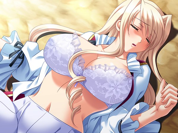 Anime picture 1200x900 with school 3 (game) long hair breasts light erotic blonde hair large breasts game cg eyes closed girl