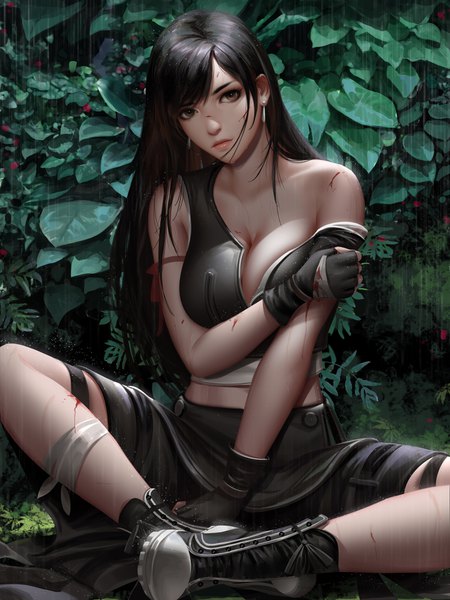 Anime picture 3000x4000 with final fantasy final fantasy vii square enix tifa lockhart liang xing single long hair tall image looking at viewer fringe highres breasts light erotic black hair large breasts sitting brown eyes lips realistic off shoulder