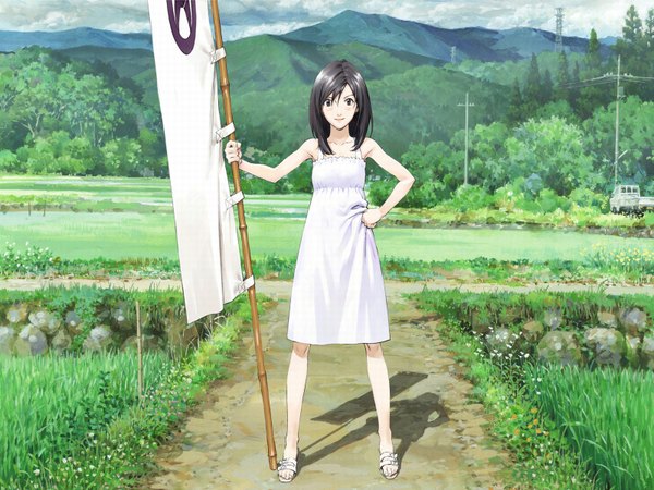 Anime picture 1600x1200 with summer wars madhouse shinohara natsuki single looking at viewer blush black hair smile standing outdoors black eyes shadow hand on hip mountain field girl dress plant (plants) tree (trees) white dress