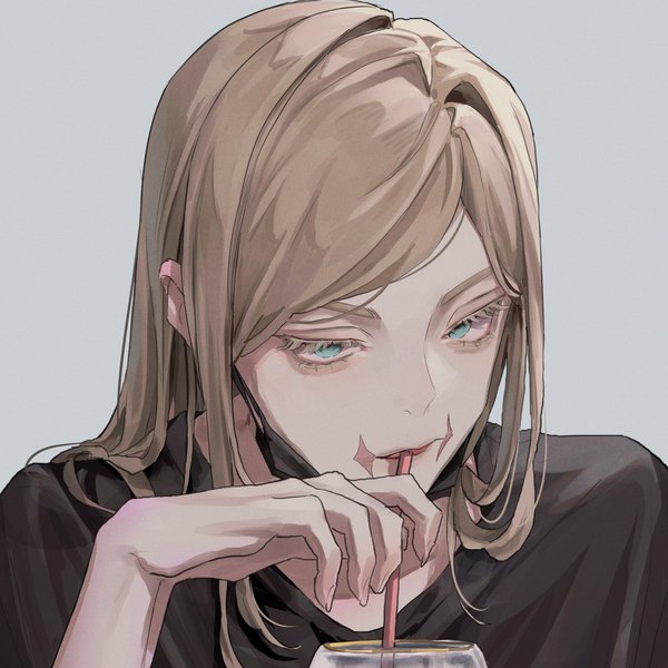 Anime picture 2756x2756 with tokyo revengers sanzu haruchiyo popo 6996 single long hair highres simple background blonde hair upper body aqua eyes grey background scar mask pull boy drinking straw surgical mask