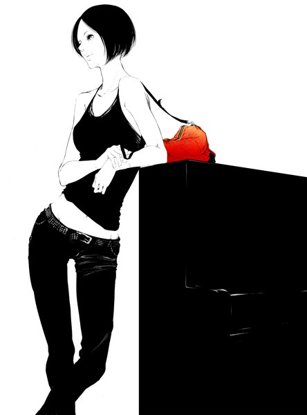 Anime picture 1000x1350 with sousou (sousouworks) single tall image short hair black hair standing white background bare shoulders grey eyes monochrome casual partially colored girl navel belt pants bag tank top piano