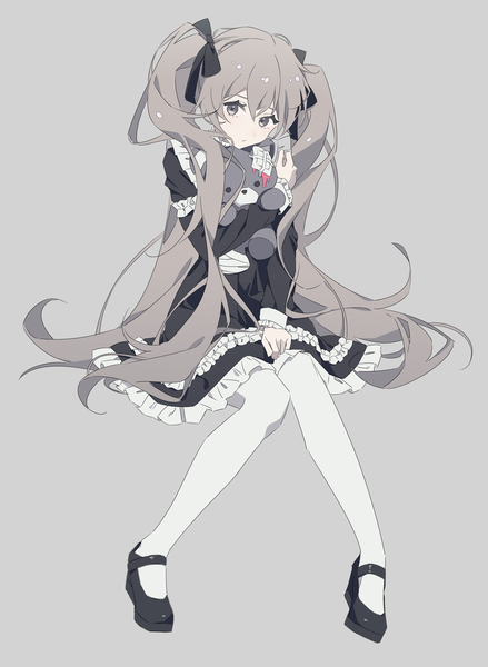 Anime picture 3177x4346 with original azuki (ckxs7444) single long hair tall image looking at viewer fringe highres simple background hair between eyes brown hair sitting twintails absurdres full body grey background frilled dress lolita fashion goth-loli knees together feet apart