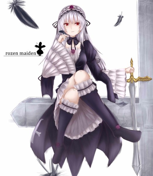 Anime picture 1000x1145 with rozen maiden suigintou long hair tall image red eyes white background white hair copyright name crossed legs lolita fashion goth-loli girl dress weapon sword boots headdress feather (feathers)