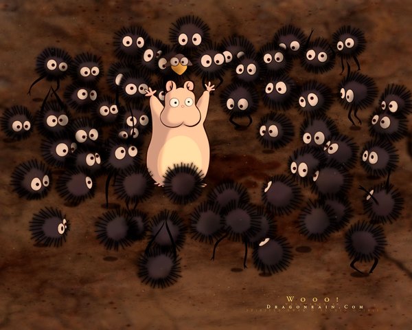 Anime picture 1600x1280 with spirited away studio ghibli susuwatari boh standing inscription arms up group