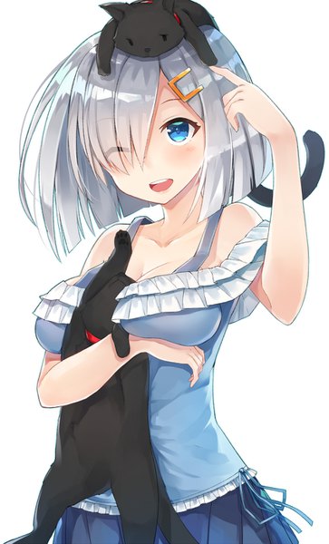 Anime picture 847x1400 with kantai collection hamakaze destroyer mhong single tall image fringe short hair breasts open mouth blue eyes simple background large breasts white background bare shoulders silver hair upper body hair over one eye alternate costume underboob looking up