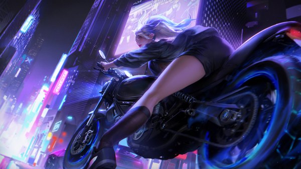 Anime picture 6698x3768 with league of legends sunrise (studio) k/da (league of legends) akali (league of legends) the baddest akali alov single long hair looking at viewer fringe highres blonde hair wide image absurdres full body outdoors multicolored hair wind lips black eyes