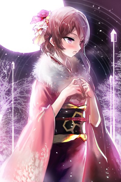 Anime picture 800x1200 with love live! school idol project sunrise (studio) love live! nishikino maki juexing (moemoe3345) single long hair tall image blush open mouth brown eyes looking away red hair traditional clothes japanese clothes hair flower night fur trim girl hair ornament
