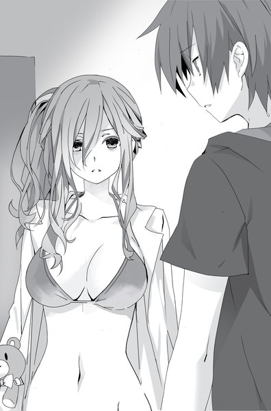 Anime picture 5394x8170 with date a live itsuka shidou murasame reine tsunako long hair tall image fringe highres short hair breasts light erotic hair between eyes large breasts holding absurdres upper body long sleeves open shirt monochrome girl