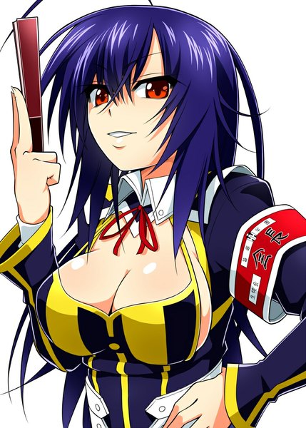 Anime picture 777x1087 with medaka box gainax kurokami medaka miraisen single long hair tall image looking at viewer breasts light erotic simple background smile red eyes large breasts white background blue hair cleavage ahoge girl uniform