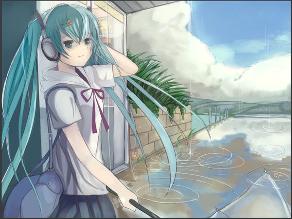 Anime picture 1600x1200 with vocaloid hatsune miku kagami (pixiv1998615) single long hair standing twintails aqua eyes aqua hair border rain transparent umbrella girl plant (plants) headphones umbrella bobby pin grass school bag