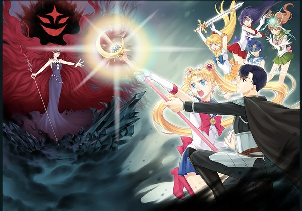 Anime picture 1000x700 with bishoujo senshi sailor moon toei animation tsukino usagi sailor moon aino minako kino makoto sailor venus sailor mars sailor mercury sailor jupiter prince endymion queen beryl nickii25 long hair short hair blue eyes black hair blonde hair brown hair purple eyes