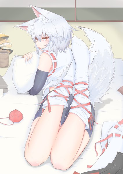 Anime picture 2481x3508 with touhou inubashiri momiji cube85 single tall image looking at viewer highres short hair open mouth light erotic red eyes holding animal ears silver hair indoors tail lying animal tail looking back lips