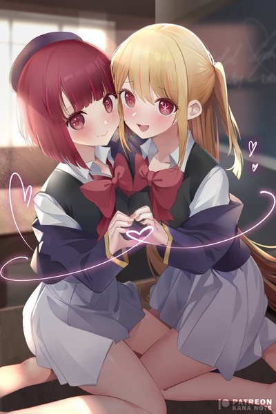 Anime picture 667x1000 with oshi no ko arima kana hoshino ruby mujinbi long hair tall image looking at viewer blush short hair open mouth blonde hair red eyes multiple girls red hair :d one side up kneeling heart hands heart of string cheek-to-cheek