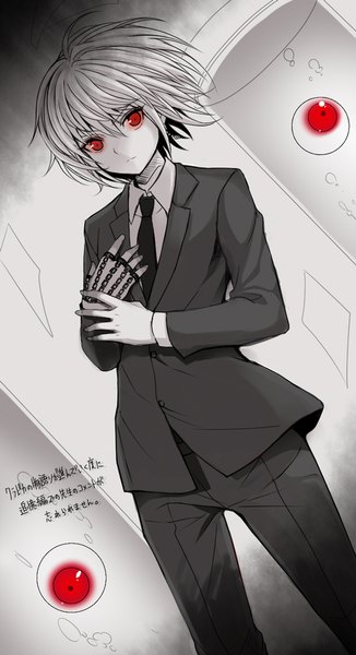 Anime picture 600x1102 with hunter x hunter kurapica yukiji tokiji single tall image looking at viewer fringe short hair simple background hair between eyes red eyes standing grey background floating hair text monochrome formal spot color boy necktie