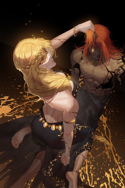 Anime picture 1500x2245 with elden ring queen marika the eternal radagon of the golden order mono 0627 long hair tall image looking at viewer fringe breasts light erotic blonde hair hair between eyes yellow eyes red hair barefoot from above turning head spoilers hair grab no eyes
