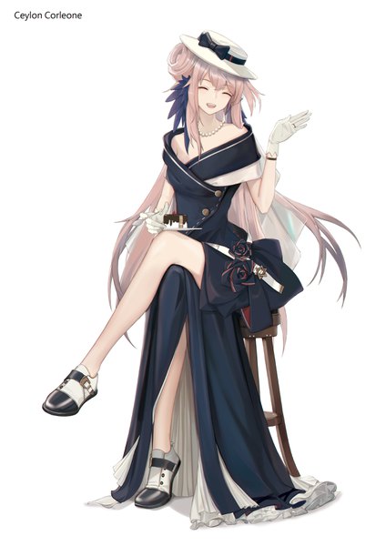 Anime picture 2480x3508 with arknights ceylon (arknights) cjmy single long hair tall image fringe highres open mouth simple background smile hair between eyes brown hair white background sitting holding payot full body eyes closed off shoulder
