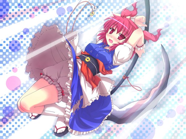 Anime picture 1600x1200 with touhou onozuka komachi etogami kazuya single looking at viewer blush highres short hair open mouth pink hair full body pink eyes wallpaper girl scythe knickers
