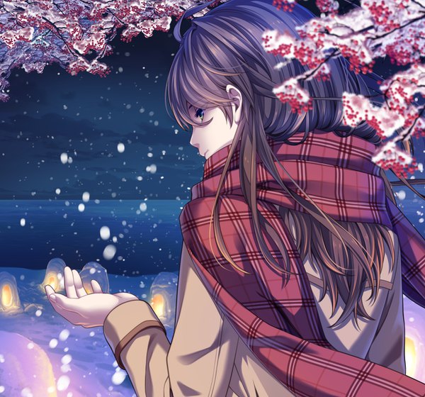 Anime picture 1284x1200 with original yuca single long hair brown hair green eyes looking away sky outdoors arm up night snowing winter snow horizon plaid girl scarf branch winter clothes