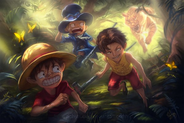 Anime picture 1920x1280 with one piece toei animation monkey d. luffy portgas d. ace sabo (one piece) richytruong highres short hair open mouth black hair blonde hair smile brown hair bare shoulders signed looking back black eyes multiple boys teeth tears