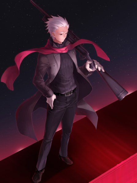 Anime picture 1012x1357 with fate (series) fate/stay night fate/extra studio deen type-moon archer (fate) aile (crossroads) single tall image short hair standing white hair night boy scarf gun cloak red scarf