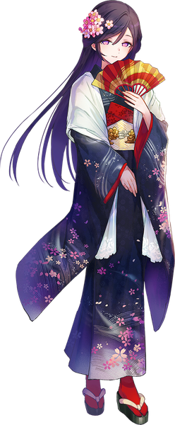 Anime picture 390x943 with oshiro project oshiro project re kokura (oshiro project) azutarou single long hair tall image looking at viewer black hair standing purple eyes full body traditional clothes japanese clothes hair flower official art transparent background girl flower (flowers) socks