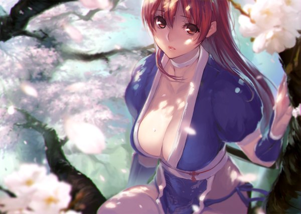Anime picture 1407x1000 with dead or alive kasumi (doa) sasaoka gungu single long hair looking at viewer fringe breasts light erotic large breasts brown eyes looking away ponytail red hair traditional clothes parted lips lips no bra puffy sleeves cherry blossoms