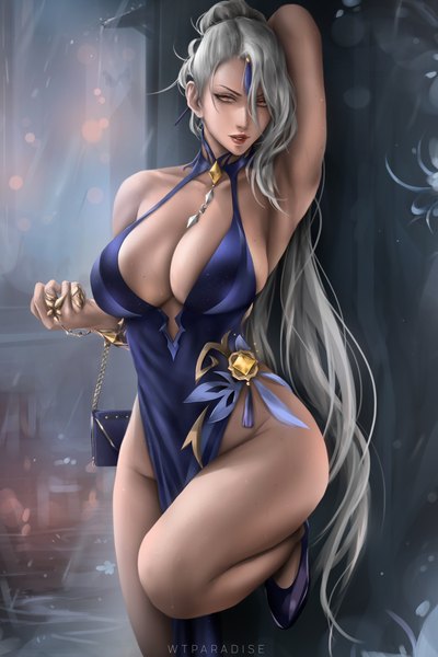 Anime picture 3360x5040 with genshin impact ningguang (genshin impact) ningguang (orchid's evening gown) (genshin impact) wtparadiseart single long hair tall image looking at viewer fringe highres breasts light erotic hair between eyes large breasts standing brown eyes signed absurdres cleavage silver hair