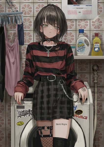 Anime picture 2894x4093 with original nadegata single tall image looking at viewer highres short hair black hair standing long sleeves pleated skirt tattoo sleeves past wrists plaid skirt striped asymmetrical legwear girl thighhighs skirt black thighhighs