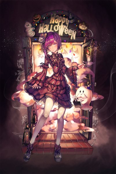 Anime picture 700x1046 with cookie run blackberry cookie freng single tall image looking at viewer fringe short hair breasts standing purple eyes holding purple hair full body wide sleeves halloween ghost happy halloween girl dress
