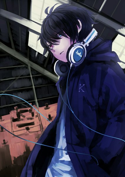 Anime picture 708x1000 with original nonoharak single tall image looking at viewer fringe short hair blue eyes black hair red eyes open clothes open jacket heterochromia hand in pocket boy jacket window headphones wire (wires) roof