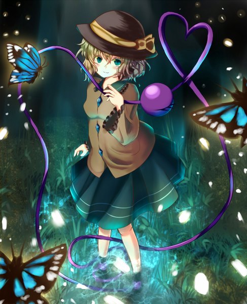Anime picture 1000x1233 with touhou komeiji koishi ya-ya single tall image looking at viewer blush short hair green eyes green hair girl dress skirt bow plant (plants) hat insect butterfly grass green skirt