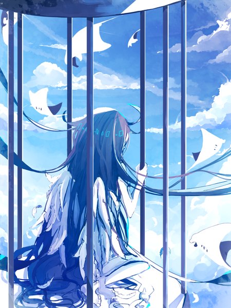 Anime picture 800x1066 with original yurui karameru single long hair tall image black hair sitting sky cloud (clouds) barefoot no shoes angel wings white wings girl animal wings fish (fishes) cage stingray