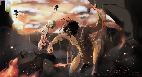 Anime picture 1600x872 with shingeki no kyojin production i.g eren yaeger annie leonhart rogue titan female titan ifragmentix long hair short hair blue eyes light erotic blonde hair brown hair wide image green eyes sky cloud (clouds) lips pointy ears sunlight