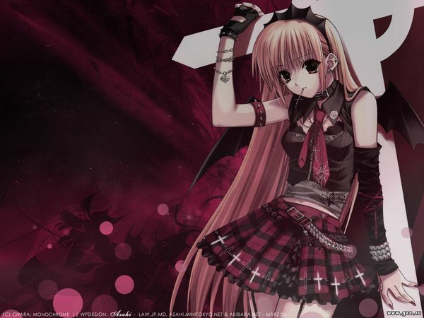 Anime picture 1024x768 with monochrome (game) yun (monochrome) suzuhira hiro single long hair looking at viewer fringe blonde hair holding brown eyes nail polish fingernails inscription piercing mouth hold plaid skirt bat wings plaid gothic girl