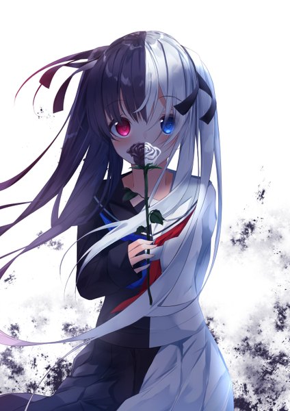 Anime picture 4100x5799 with original suisen-21 single long hair tall image looking at viewer blush fringe highres blue eyes black hair simple background hair between eyes red eyes standing white background twintails holding absurdres white hair