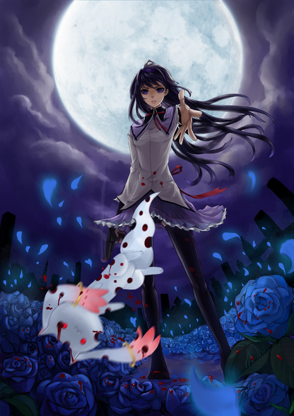 Anime picture 1414x2000 with mahou shoujo madoka magica shaft (studio) akemi homura kyuubee rebecca 7478 single long hair tall image black hair purple eyes girl skirt flower (flowers) weapon miniskirt gun blood pistol blue rose