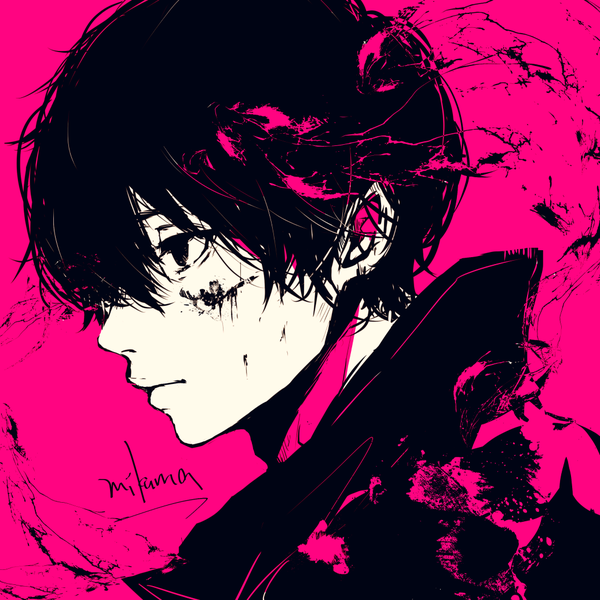 Anime picture 1036x1036 with original 3kuma single fringe short hair black hair simple background hair between eyes signed looking away upper body profile black eyes portrait pink background blood on face popped collar boy blood