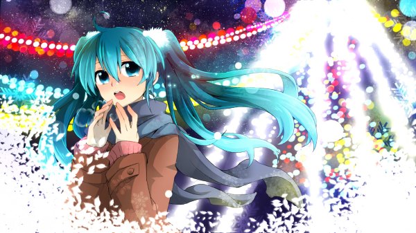 Anime picture 1200x674 with vocaloid hatsune miku kanna (chaos966) single long hair blush open mouth blue eyes wide image twintails ahoge aqua hair night christmas winter exhalation new year girl scarf coat