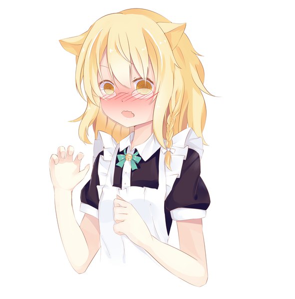 Anime picture 3952x4016 with touhou kirisame marisa chu lu jiang xd single long hair tall image blush fringe highres open mouth blonde hair simple background hair between eyes white background animal ears yellow eyes absurdres upper body braid (braids) arm up